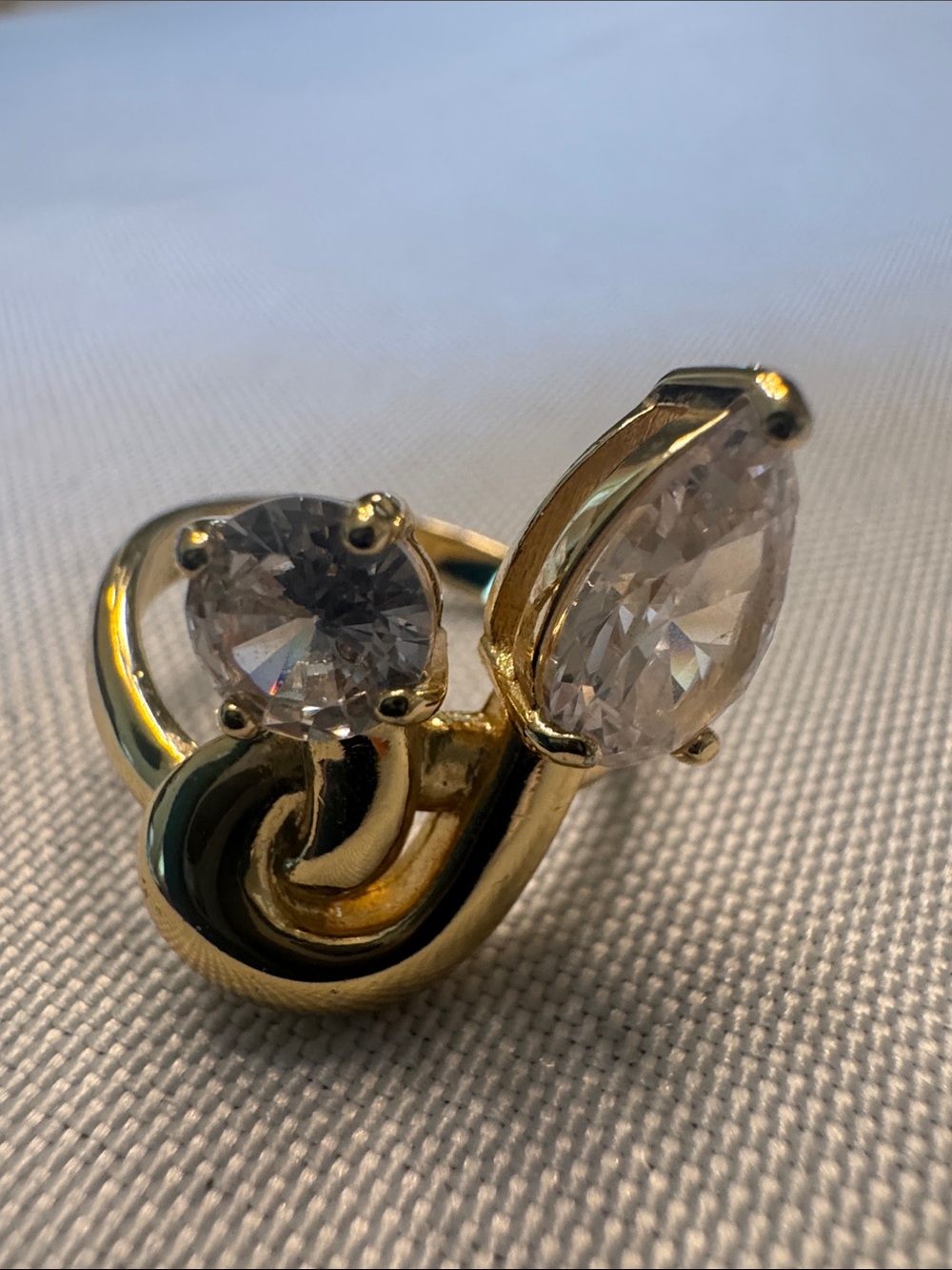 Gold-Tone Double Stone Swirl Ring with Clear Crystals